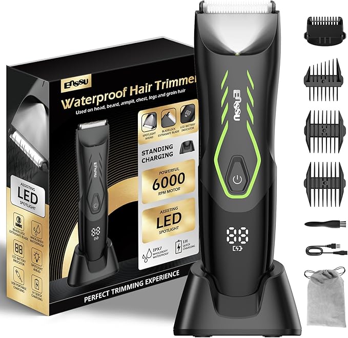 Manscape Body Hair Trimmer for Men Pubic Groin Hair Trimmer for Men with Safe Blade Cordless Ball Shaver w/Light Charging Dock Waterproof Body Groomer Man LED Display 1H ChargeGreen