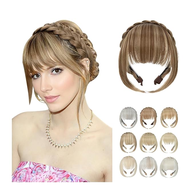 Bangs Hair Synthetic Headband Bangs Extension Fake Hair Blunt Fringe with Long Sides for Women Natural False Black Brown Blonde Bang Bangs Hair Clip(Silver Grey)