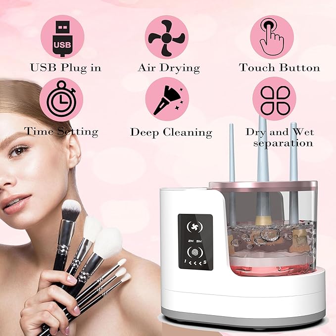 Makeup Brush Cleaner 3 in 1 Electric Makeup Brush Cleaner and Dryer Automatic Makeup Brush Cleaner Machine with Multi-Hour Drying Settings Portable Design for All Makeup Brush Types