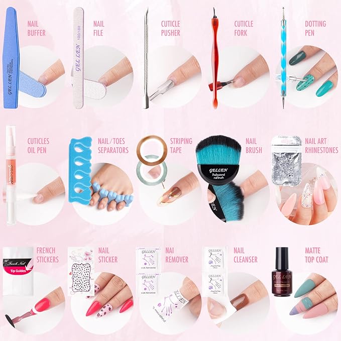 Gellen Gel Nail Polish Kit with U V LED Light 72W Nail Dryer 12 Gel Nail Colors No Wipe Top Base Coat Nail Art Decorations Manicure Tools All-In-One Manicure Kit for Mother's Day Gift