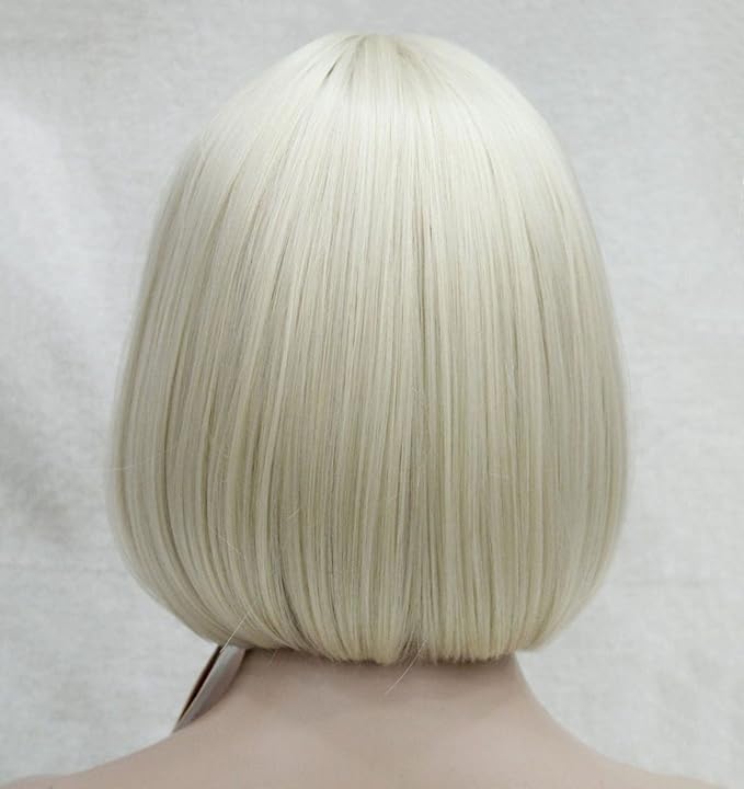Lydell 8 Straight Short Bob Hair Flat Bangs Cute Central Dot Skin Top Heat Resistant Synthetic Wigs (614 Pale Blonde)