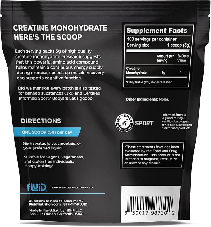 Fluid Creatine - Informed Sport Certified | 100% Creatine Monohydrate Powder | Unflavored | 5g per Serving (100 Servings)