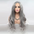xiweiya Long Silver Platinum Blonde Lace Front Wigs with White Tips Ash Blonde Natural Wavy Mixed Silver Grey Ombre Synthetic Lace Wig Heat Resistant Fiber Wigs Middle Parting Wig for Women 22inch