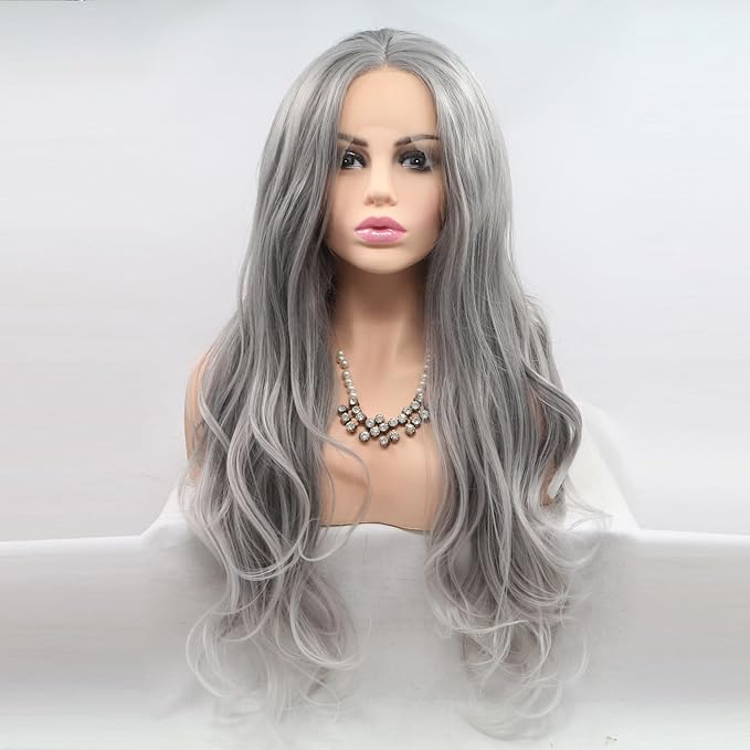 xiweiya Long Silver Platinum Blonde Lace Front Wigs with White Tips Ash Blonde Natural Wavy Mixed Silver Grey Ombre Synthetic Lace Wig Heat Resistant Fiber Wigs Middle Parting Wig for Women 22inch