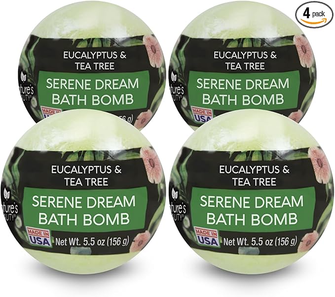 Nature's Beauty Eucalyptus &amp Tea Tree Bath Bomb Multi-Pack- Natural Hand Crafted Non-Staining Luxury Fizzy Spa Bomb Sooth + Restore Skin Made w/Coconut Oil &amp Witch Hazel 5.5oz (4 Pack)