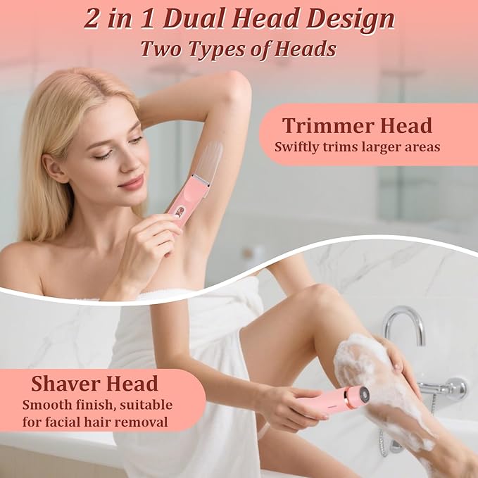 VINGVO Electric Hair Removal Epilator for WomenDual Head Bikini Trimmer Waterproof? Facial Remover Lady Hair Bikini Shaver for Face Lip Chin Cordless Pubic Hair Removal for Face &amp Legs (Pink