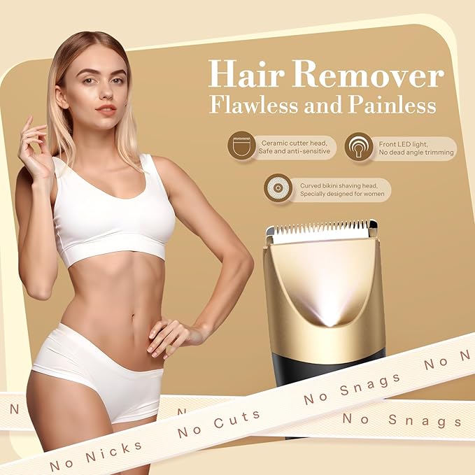 Bikini Trimmer for Women 2 in 1 Electric Shaver for Women Bikini RazorWaterproof IPX7 with LED Pubic Hair Trimmer for Leg Arm Underarm Bikini Area Pull Bows Gift Box for Friends(Black Gold)
