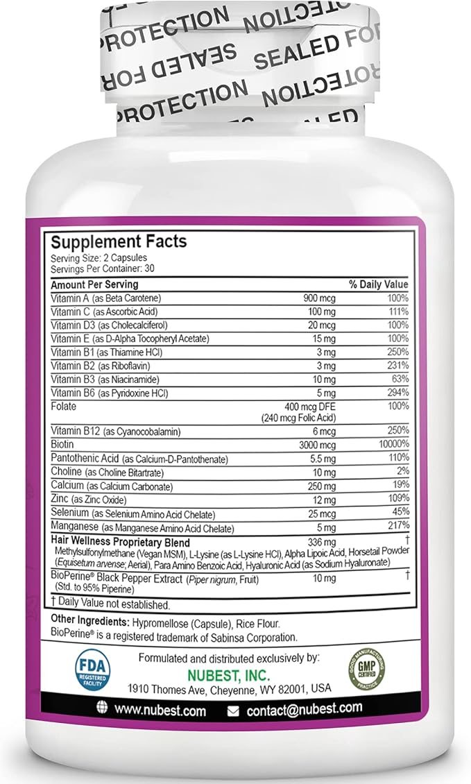 NuBest Hair Xtra - Hair Growth Vitamin for Faster Hair Growth | Natural Hair Thickening with Biotin Zinc MSM B Vitamins Choline - Hair Supplement Hair Regrowth | 1 Month Supply