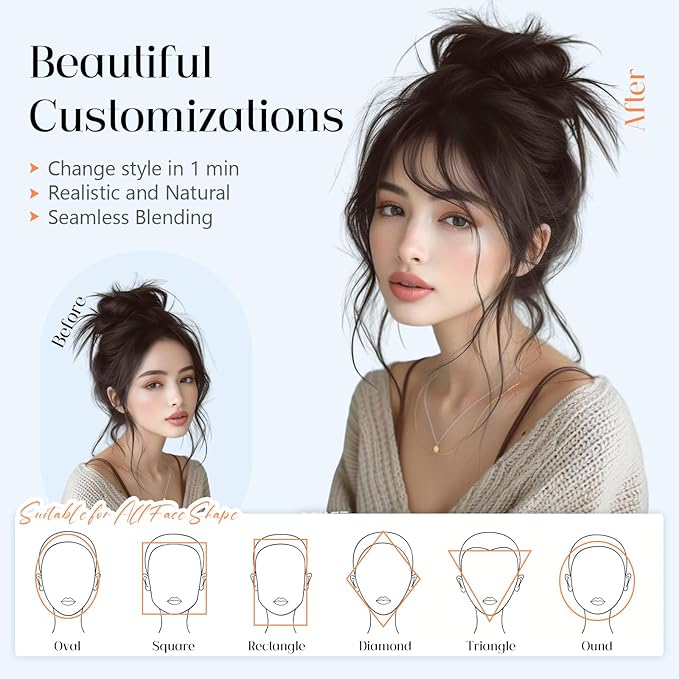 MY-LADY Clip In Bangs Human Hair Bangs 100% Real Human Hair Clip on Wispy Bangs Fringe with Temples Hairpieces for Women(light brown)