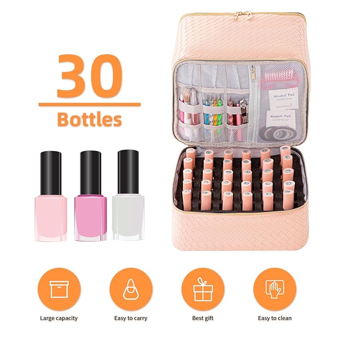 Portable Nail Polish Storage Bag with UV Light Case - Holds 30 Bottles and 1 UV LED Nail Lamp Double-Layers Nail Dryer Case for Gel Nail Polish Kit Nail Art Decorations (Woven Pink)