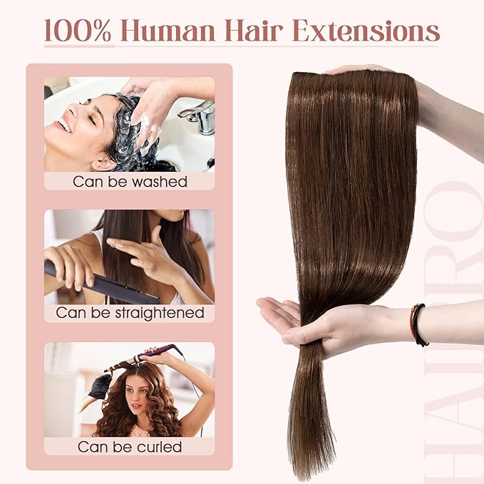 Hairro 22 Inch Clip in Extensions 100% Remy Human Hair 55g One-piece 5 Clips Long Straight Hair Extensions for Women Wide Weft Soft Silky #4 Medium Brown