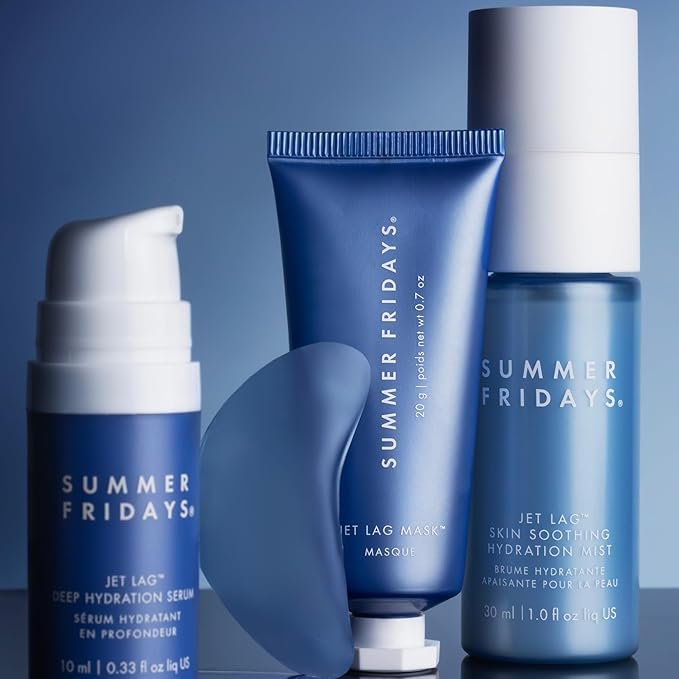 Summer Fridays Jet Lag™ Essentials - Mini Hydrating Skin Care Set With Jet Lag™ Mask Eye Patches Deep Hydration Face Serum &amp Hydration Mist - Travel Size Skincare Kit &amp Holiday Gift Set (4 C
