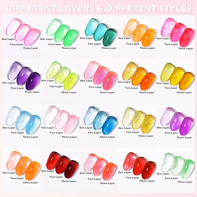 Jelly Gel Polish 20 Colors Trendy Neon Jelly Gel Nail Polish Kit Glossy Crystal Transparent Gel Polish Nude Pink Purple Green Blue Yellow Red Colors Nail Polish Set Soak Off UV LED