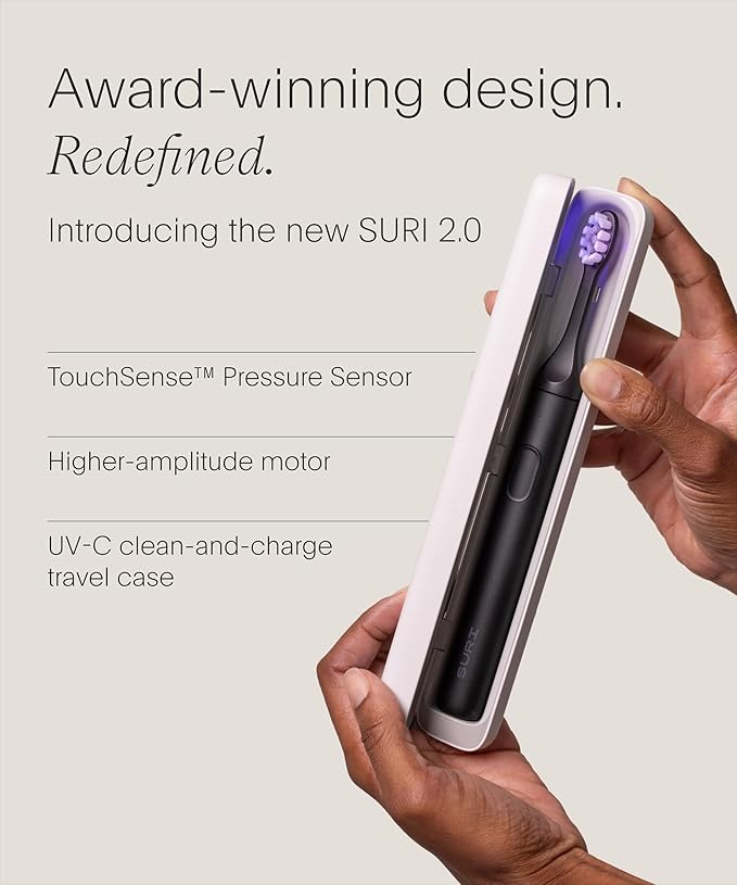 SURI 2.0 New Sonic Electric Toothbrush with Pressure Sensor &amp UV-Cleaning Travel Case |1 Month+ Battery | Electric Toothbrush for Adults | Travel Toothbrushes | Tooth Brush | Black