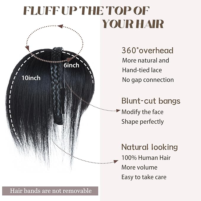 10 Straight Hair Piece With Twist Braid Headband for Women Human Hair Clip In Topper Hair Extension With Bangs (Natural Black)