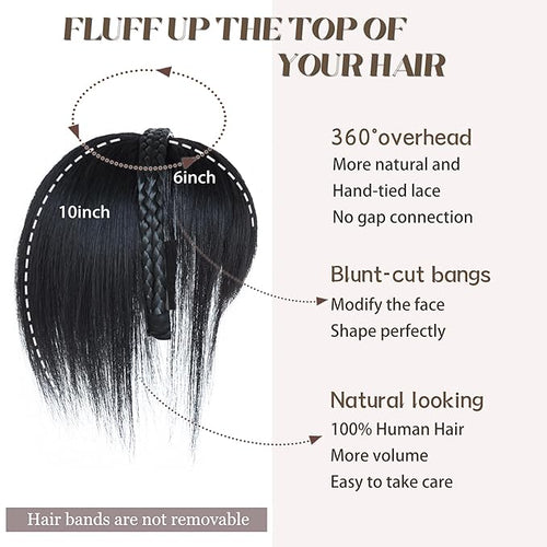 10 Straight Hair Piece With Twist Braid Headband for Women Human Hair Clip In Topper Hair Extension With Bangs (Natural Black)
