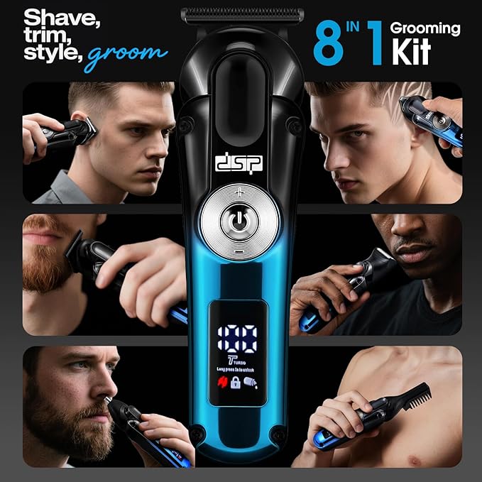 DSP Men's Grooming Kit Beard Trimmer for Men Nose Trimmer Body Trimmer Foil Shaver T-Blade Mustache Cordless Hair Trimmer IPX6 Waterproof2 Speeds Adjustable Gift for Men (Blue)