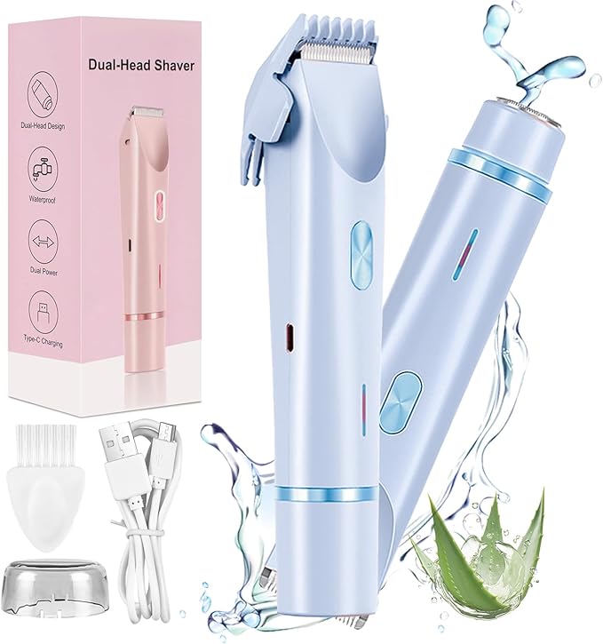 2026 New Bikini Shaver for Women Electric Trimmer 2.0 with Stainless Steel Dual Head IPX7 Waterproof Wet and Dry Use Reduces Pulling Suitable for All Skin Types (Blue)