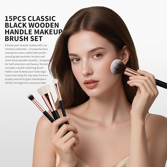 docolor Makeup Brush Set Professional 15 PCS Black Wood Handle Makeup Brushes Premium Cruelty-Free Synthetic Fiber Hair Travel Make up Brushes Set with Case