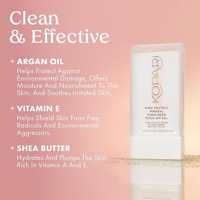 Kopari PURE PROTECT 100% Mineral Sunscreen Stick SPF 50+ Clear Zinc Oxide Face and Body Sunscreen with Hydrating Argan Oil Shea Butter Sheer Finish Ultra-Portable for Easy Reapplication