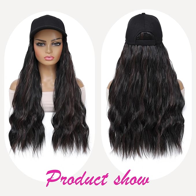 Baseball Cap Wig Hat With Hair Extensions Cap with Heat Resistant Synthetic Fiber Hairpieces attached for Women Girls Adjustable Long Wavy Wig for Daily Outdoor Use (B M1B brown)