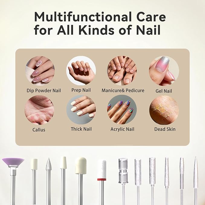 Electric Nail Drill 45000RPM 2025 Pro High Tech Fast Remove Cordless Nails Drill with Rechargeable Stand for Acrylic Nails 12Pcs Drill Bits and Holder LCD Professional Nail Machine for Salon Home