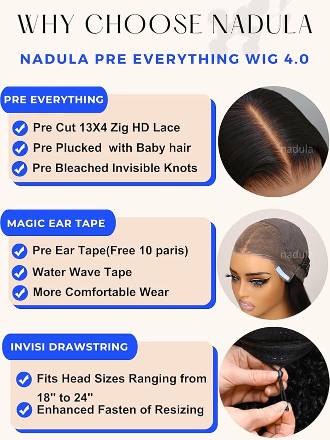 Nadula Pre Everything Glueless Water Wave 13x4 Hd Lace Front Wigs Human Hair with Invisible Drawstring Wet and Wavy Bye Bye Knots Glueless Wig Pre Plucked Pre Cut Lace Ready to Wear Front Wig 16inch