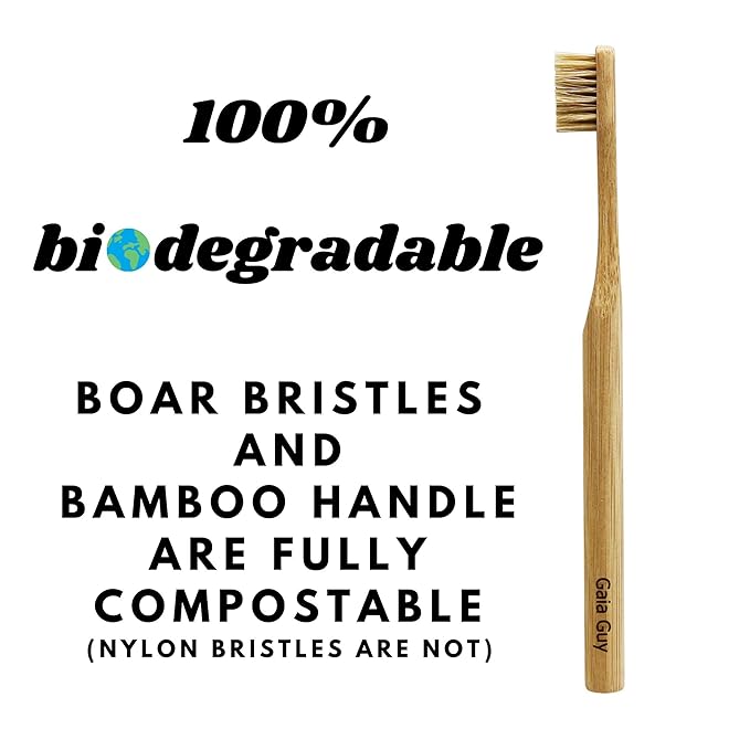 Gaia Guy Natural Bristle Bamboo Toothbrush (NO Nylon - Boar Hair ONLY) - Totally Compostable &amp Biodegradable Boar Bristle and Bamboo Toothbrushes - Zero Waste - 6-Pack