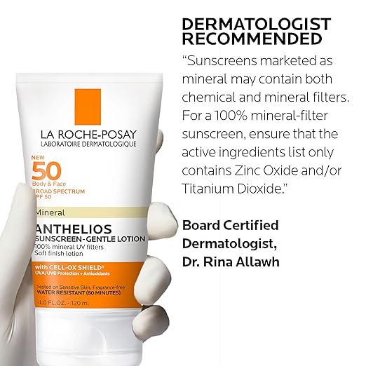 La Roche-Posay Anthelios Mineral Sunscreen SPF 50 Gentle Lotion Broad Spectrum SPF + Antioxidants Face &amp Body Sunscreen Titanium Dioxide &amp Zinc Oxide Oxybenzone Free Oil Free
