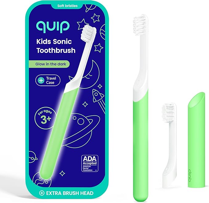 Quip Sonic Toothbrush for Kids with Timer - Includes Extra Brush Head and Travel Cover Mount - Electric Soft Bristle Refill Head Rubber Handle 3 Month Battery Life - Glow in The Dark Green