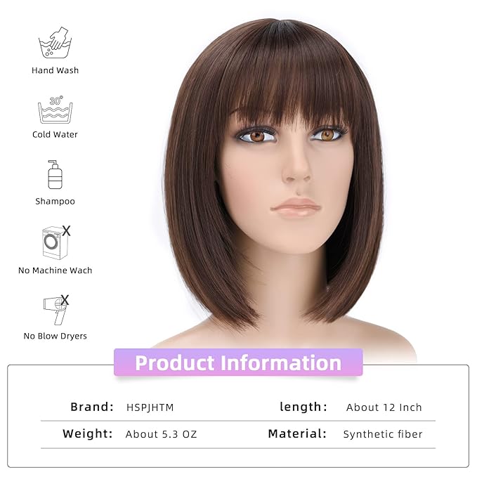 HSPJHTM Brown Bob WigsShort Bob Hair Wigs 12 Straight with Bangs Synthetic Colorful Cosplay Daily Party Wig for Women Natural Brown(Free Wig Cap)
