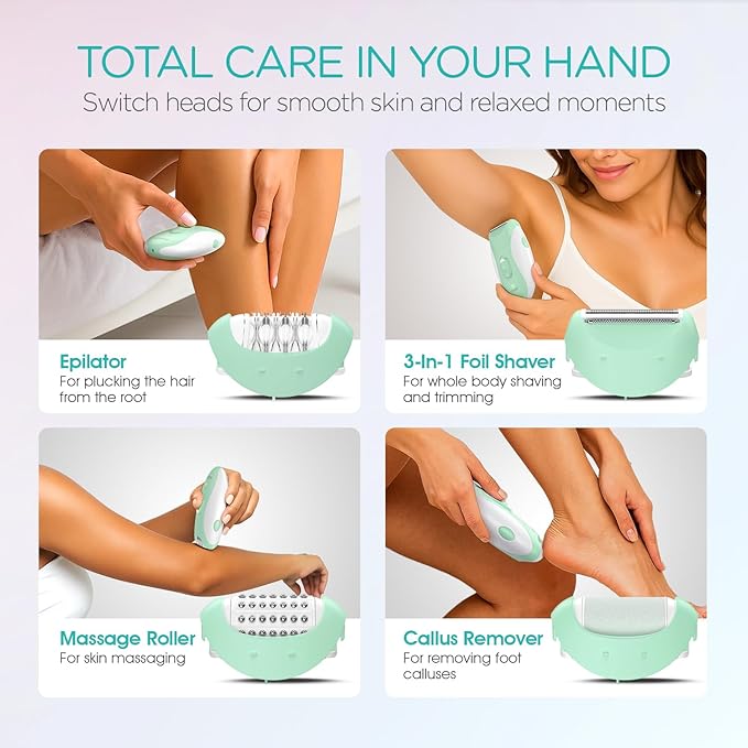 Epilator for Women-Cordless Epilators Hair Removal for Women 4-in-1 Electric Razor Hair Remover 2 Speeds &amp 21 Tweezers for Face Legs Arms Armpit Bikini Green HR310