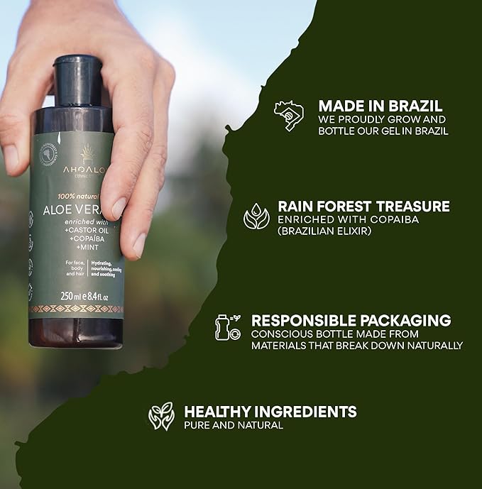 AHOALOE Brazilian Aloe Vera Gel - Multipurpose Moisturizing Natural Gel with Copaiba Castor Oil and Fresh Mint and Natural for Face Skin and Hair - After Sun Care Sunburn Relief 8.4oz