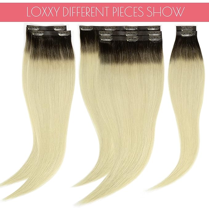 Loxxy Seamless Extensions Clip in Human Hair Double Ultra Thin PU Weft Remy Hair Extensions Clip in Human Hair Ombre Rooted Darkest Brown To Platinum Blonde Full Head R#2-60A 18Inch 110gram 7pcs
