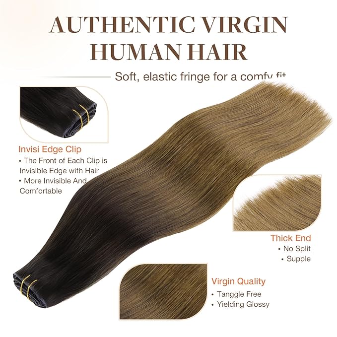GOO GOO Invisi Edge Clip in Hair Extensions 18inch 110g 7Pcs Injected Seamless PU Clip in Hair Extensions Virgin Real Human Hair #1D/2C/4E Chocolate Dip Color Melt