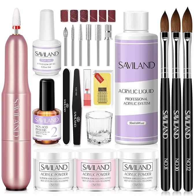 SAVILAND Acrylic Nail Kit with Drill: Nails Kit Acrylic Set for Beginners with Everything ? White Pink Clear Nail Powder and Liquid Set Primer Top Gel Forms Brushes &amp Tools for Home Salon Use