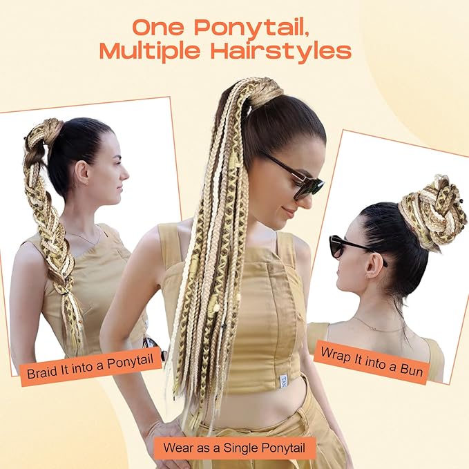 SEIKEA Boho Braided Ponytail Extension with Hair Tie 24 Long Viking Dreadlock Beads Ponytail Hand-braided Braids Hair Extensions Lightweight Natural Synthetic Hairpiece for Festival Cosplay