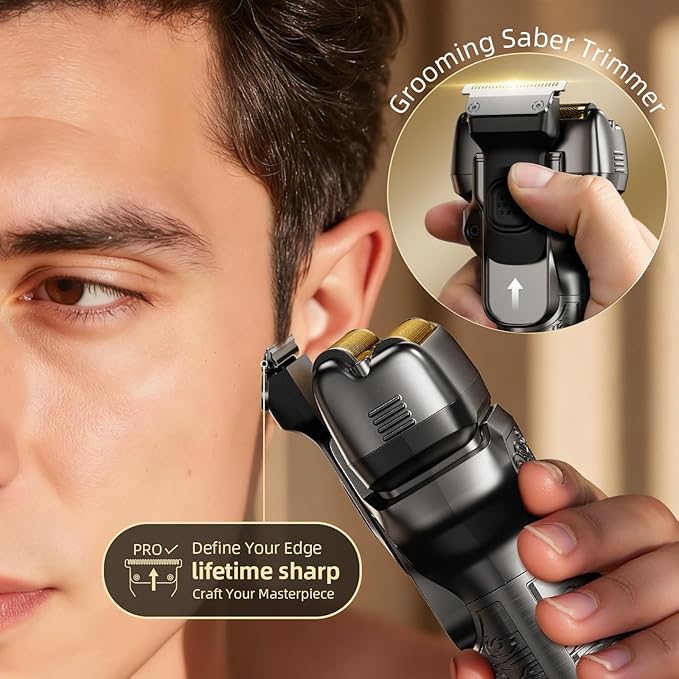 Electric Foil Shaver for Men: Rechargeable Razor with Push-Up Trimmer for Face - Cordless Wet/Dry/Anti-Slip Waterproof Shavers with LED Display - Metal Handheld Design Gray Silver