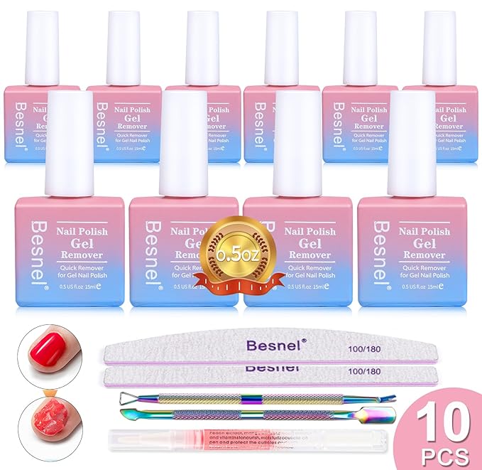 Gel Nail Polish Remover 10 Pack Professional Gel Polish Remover Non-Irritating Quick Easy Nail Polish Gel Remover Tools Kit Nail File Cuticle Pusher File Grit No Need For Foil Soaking Or Wrapping