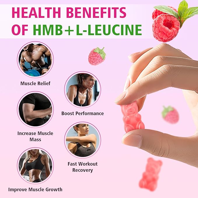 2 Pack HMB and L-Leucine Gummies 3000mg HMB and Leucine Amino Acid for Muscle Growth Muscle Mass Muscle Relief and Fast Workout Recovery for Men &amp Women Sugar-Free Raspberry Flavor 120 Cou