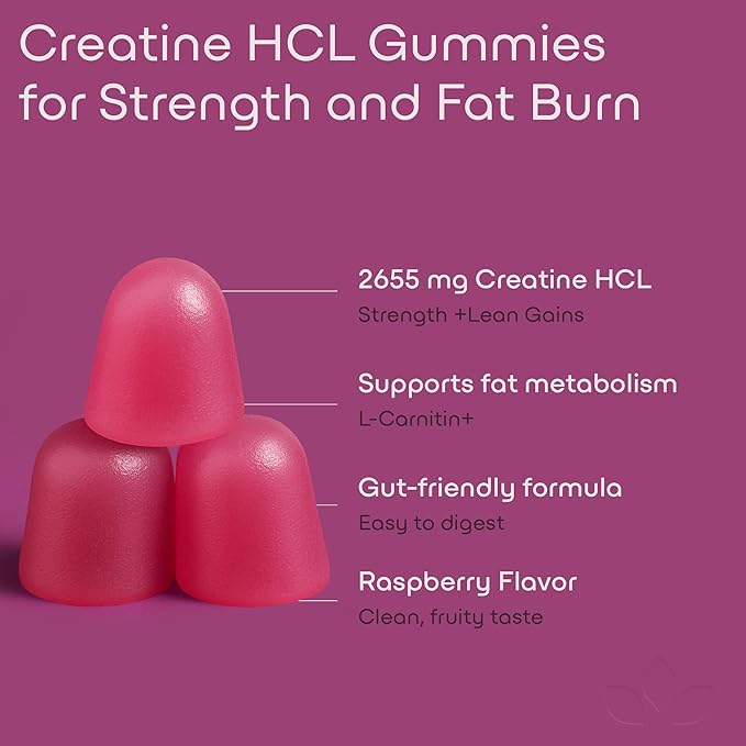 Creatine HCL+ 2000mg Female Performance Complex ? Sugar-Free Vegan Raspberry Flavor ? Chewable Gummies for Women 90 Count