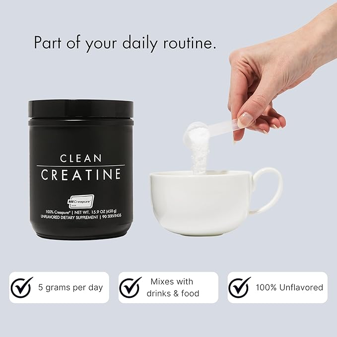 CLEAN Creatine - 100% Creapure® Creatine Monohydrate Powder for Muscle Health Performance and Cognitive Support | 3rd Party Certified by NSF | 90 Servings | Unflavored | Vegan Keto and Gluten-Free