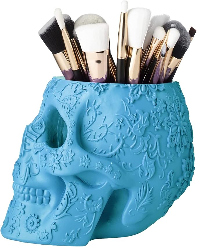 Skull Makeup Brush Holder Pen Holder Vanity Desk Office Organizer Stationary Decor Planter Candy Bowl Goth Decorations Extra Large Skulls Gothic Skull &amp Bones Organizer Bathroom (Blue)