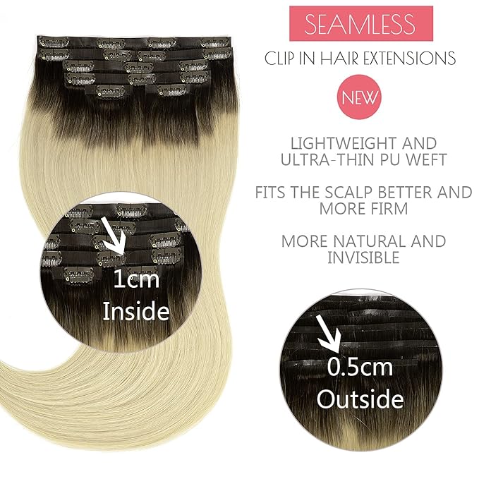Loxxy Seamless Extensions Clip in Human Hair Double Ultra Thin PU Weft Remy Hair Extensions Clip in Human Hair Ombre Rooted Darkest Brown To Platinum Blonde Full Head R#2-60A 18Inch 110gram 7pcs