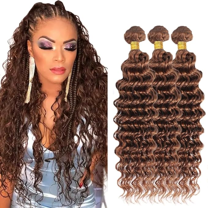 Color #30 Brown Bundles Human Hair Deep Wave 3 Bundles 22 22 22 Inch Unprocessed Brazilian Virgin Remy Light Brown Deep Wave Bundle Human Hair Extensions
