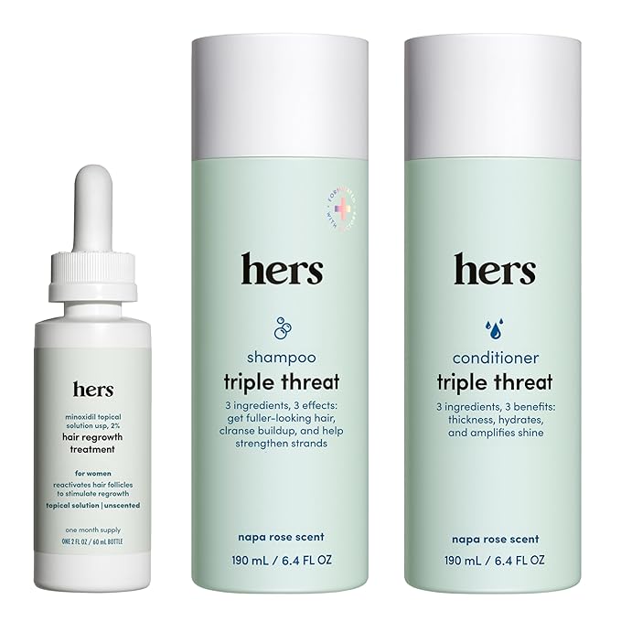 hers Triple Threat Shampoo Conditioner and Minoxidil Set - Hair Loss Treatment for Women - Includes 2% Serum Minoxidil Treatment Color Safe Hair Thickening Shampoo and Conditioner - 3 Count
