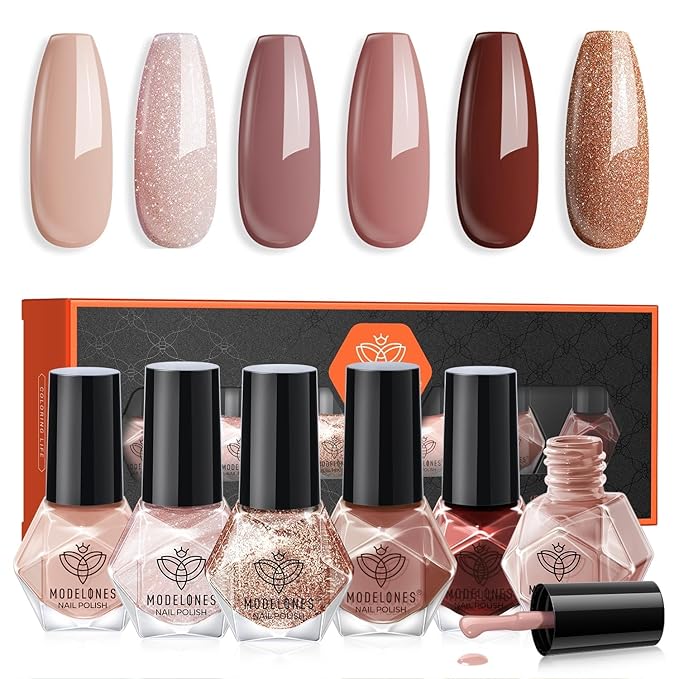 modelones Nail Polish 6 Colors Brwon Quick Dry Mini Starter Kit Long Lasting Art DIY Manicure Set at Home for Women Girls