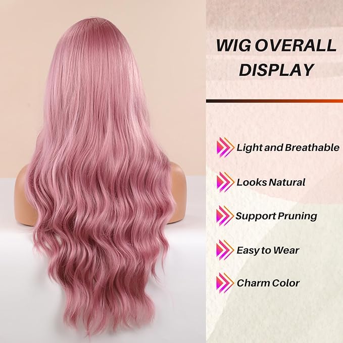 Honygebia Light Pink Wig Bangs - Baby Pink Wigs for Women Long Wavy Coral Pink Heat Resistant Hair Natural Looking Bright Synthetic - Best Wigs for Halloween/Christmas/Cosplay/Party