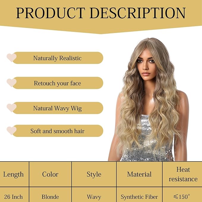 Haoland Ombre Blonde Curly Wig for Women 26 Inch Long Synthetic Wavy Wig with Bangs