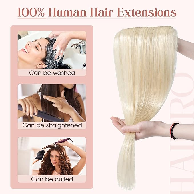 Hairro Clip in Hair Extensions 100% Human Hair #60 Plainum Blonde Thin Clip in Human Hairpieces 20 Inch Long Straight Standard Weft One Piece 5 Clips 50g for Women